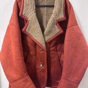 Moussy Red and Cream Teddy Jacket Cozy Sherpa Style